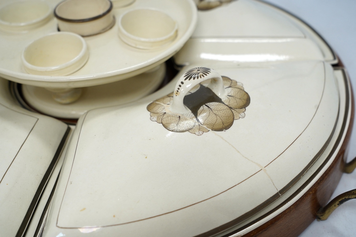 A late 18th century creamware breakfast set, fitted within later mahogany tray, 52cm handle to handle. Condition - some damage